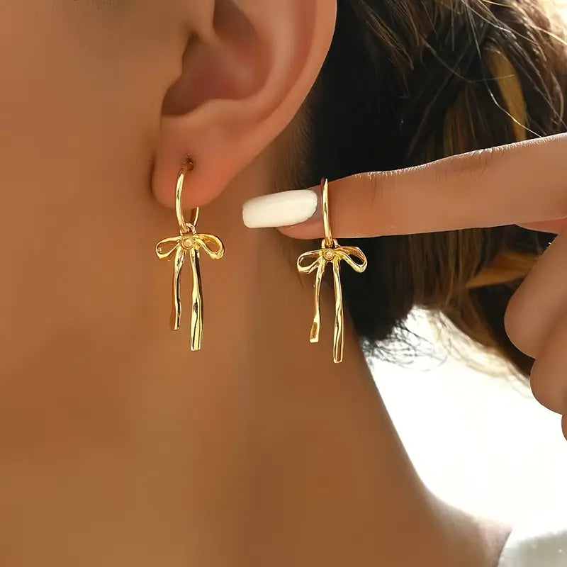 Gold Bow Drop Earrings